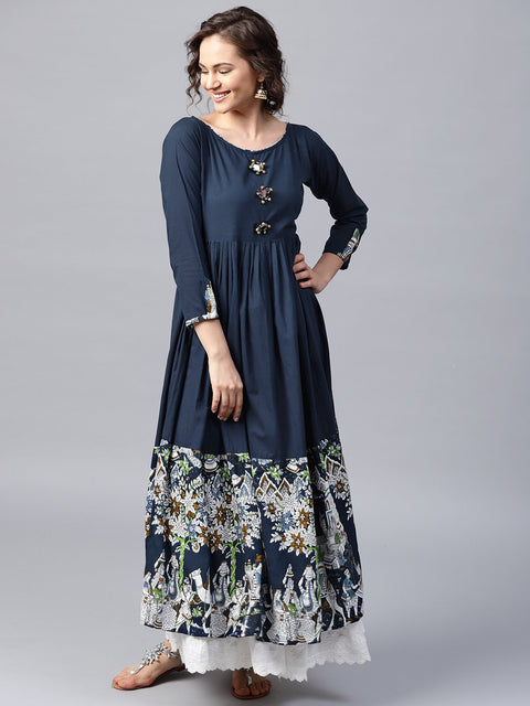 Blue 3/4th sleeve cotton border printed Anarkali kurta