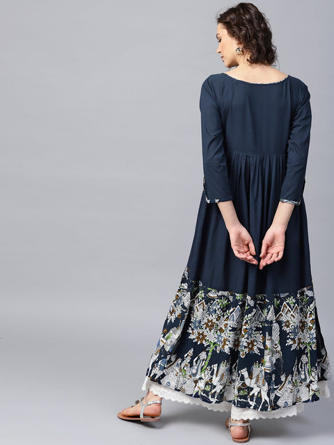 Blue 3/4th sleeve cotton border printed Anarkali kurta