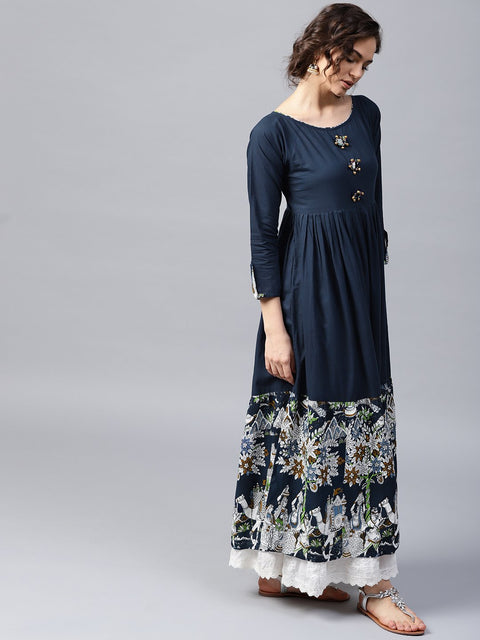 Blue 3/4th sleeve cotton border printed Anarkali kurta