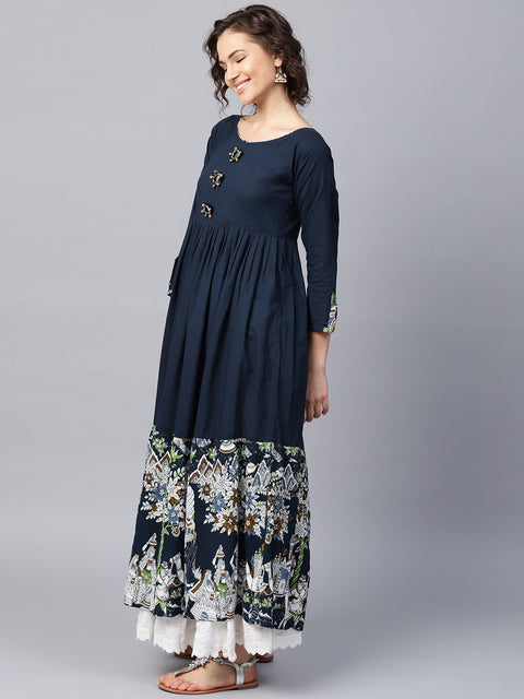 Blue 3/4th sleeve cotton border printed Anarkali kurta