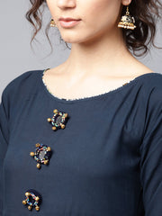 Blue 3/4th sleeve cotton border printed Anarkali kurta