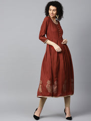 Maroon block printed 3/4th sleeve cotton Anarkali kurta