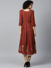 Maroon block printed 3/4th sleeve cotton Anarkali kurta
