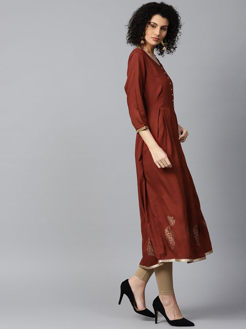 Maroon block printed 3/4th sleeve cotton Anarkali kurta