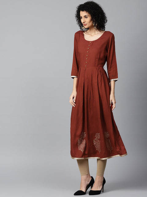 Maroon block printed 3/4th sleeve cotton Anarkali kurta