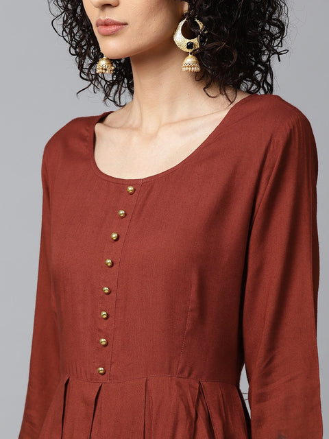 Maroon block printed 3/4th sleeve cotton Anarkali kurta