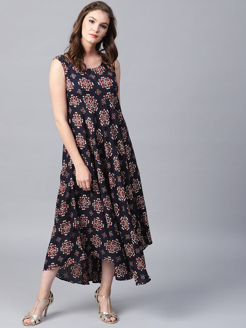 Black printed sleeveless cotton flared maxi dress