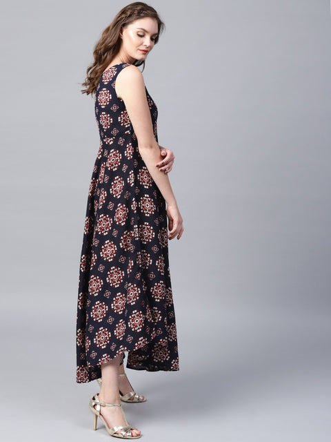 Black printed sleeveless cotton flared maxi dress