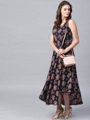 Black printed sleeveless cotton flared maxi dress