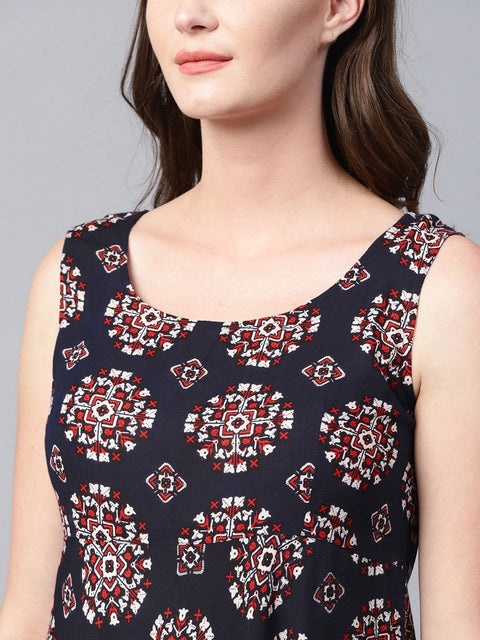 Black printed sleeveless cotton flared maxi dress