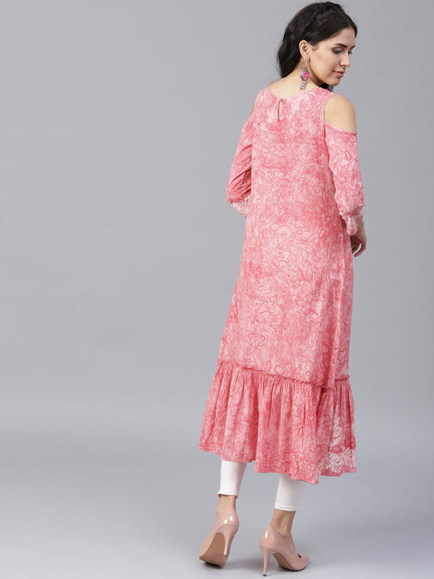 Pink printed 3/4th sleeve cold shoulder cotton A-line kurta