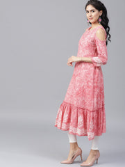 Pink printed 3/4th sleeve cold shoulder cotton A-line kurta
