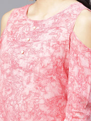 Pink printed 3/4th sleeve cold shoulder cotton A-line kurta