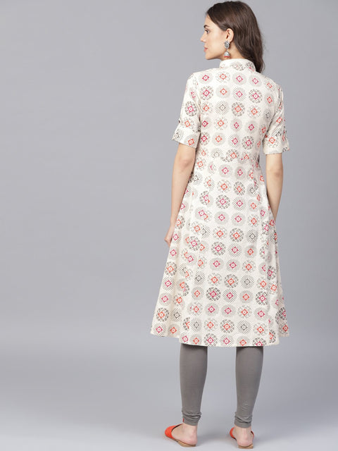 Off White printed half sleeve front open flex A-line kurta