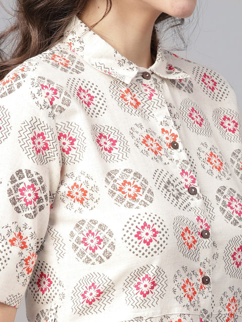 Off White printed half sleeve front open flex A-line kurta