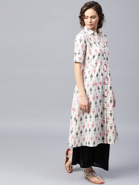 Off White printed half sleeve front open flex A-line kurta