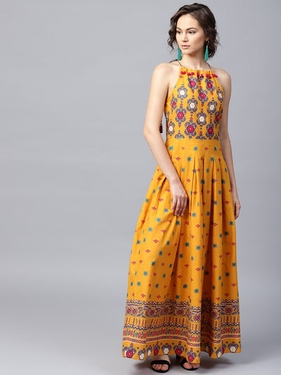 Mustard printed sleeveless cotton Anarkali kurta