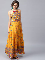 Mustard printed sleeveless cotton Anarkali kurta