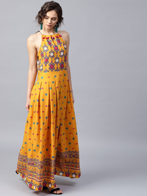 Mustard printed sleeveless cotton Anarkali kurta
