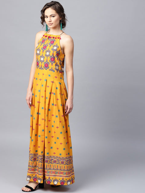 Mustard printed sleeveless cotton Anarkali kurta