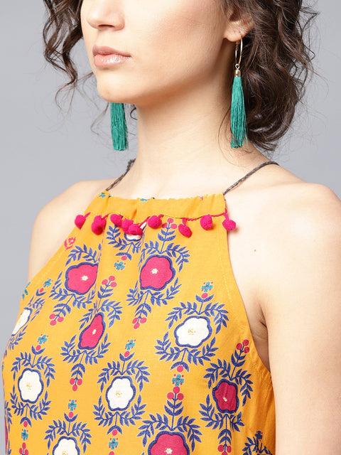 Mustard printed sleeveless cotton Anarkali kurta