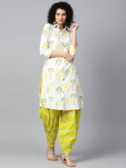 Off white printed 3/4th sleeve cotton kurta with green printed patialla salwar