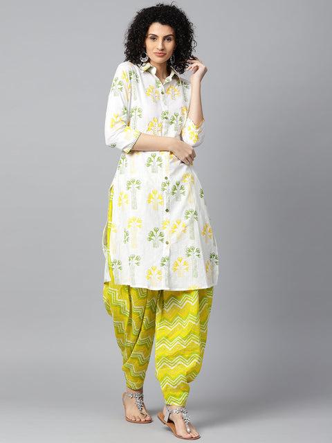 Off white printed 3/4th sleeve cotton kurta with green printed patialla salwar