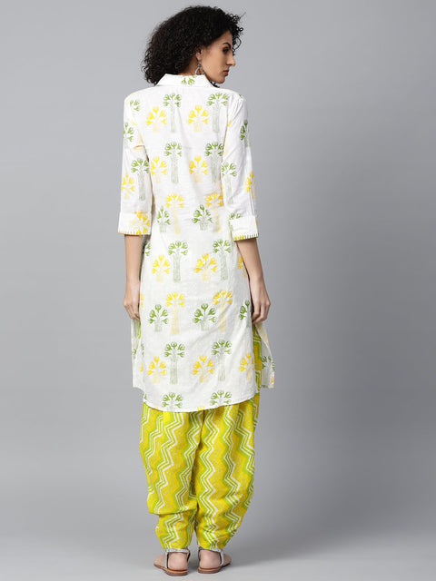 Off white printed 3/4th sleeve cotton kurta with green printed patialla salwar