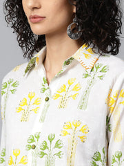 Off white printed 3/4th sleeve cotton kurta with green printed patialla salwar