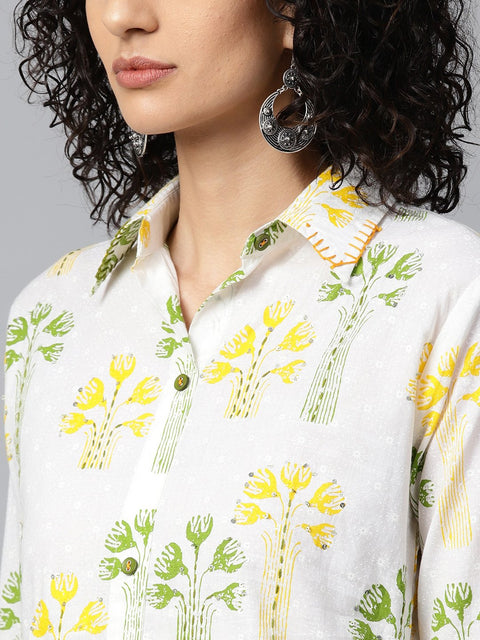 Off white printed 3/4th sleeve cotton kurta with green printed patialla salwar