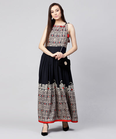 Navy Blue printed sleeveless flex Anarkali kurta