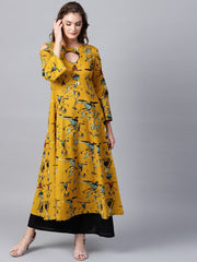 Mustard printed 3/4th sleeve cold shoulder anarkali kurta