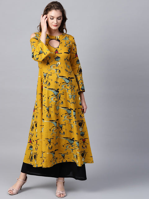 Mustard printed 3/4th sleeve cold shoulder anarkali kurta
