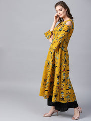 Mustard printed 3/4th sleeve cold shoulder anarkali kurta