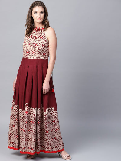 Maroon printed sleeveless flex Anarkali kurta