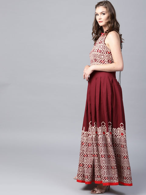 Maroon printed sleeveless flex Anarkali kurta