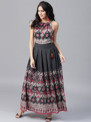 Navy Blue printed sleeveless voile Anarkali kurta