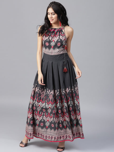 Navy Blue printed sleeveless voile Anarkali kurta