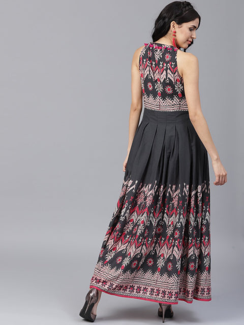 Navy Blue printed sleeveless voile Anarkali kurta