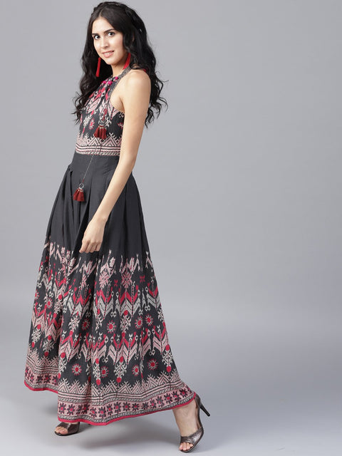 Navy Blue printed sleeveless voile Anarkali kurta