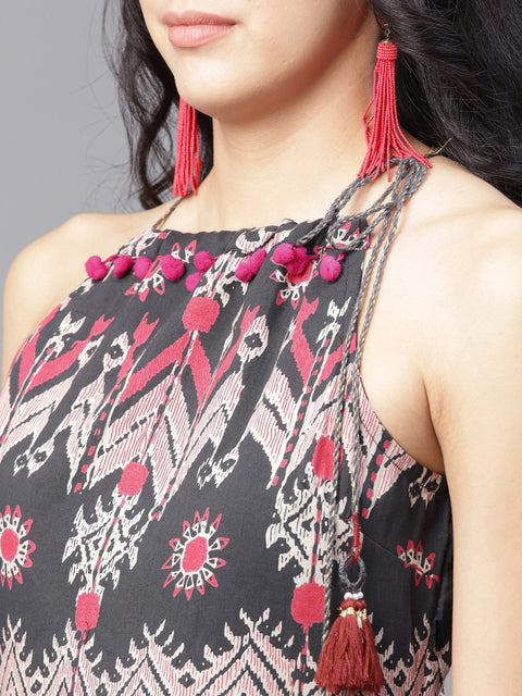 Navy Blue printed sleeveless voile Anarkali kurta