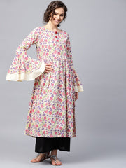 Green printed full sleeve cotton Anarkali kurta