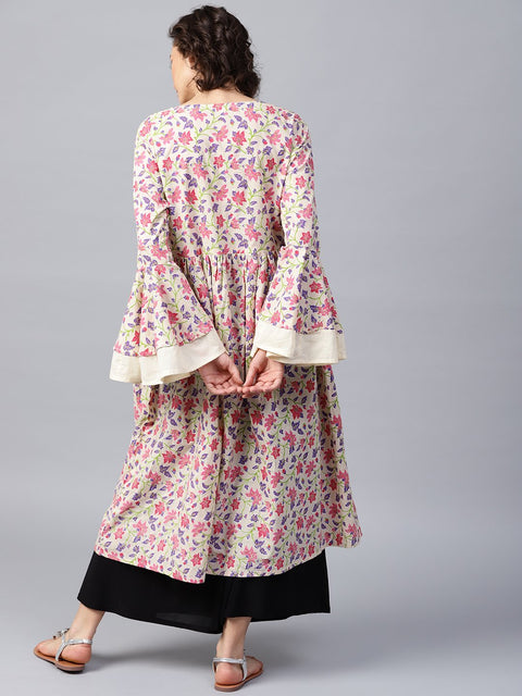 Green printed full sleeve cotton Anarkali kurta