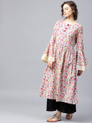 Green printed full sleeve cotton Anarkali kurta