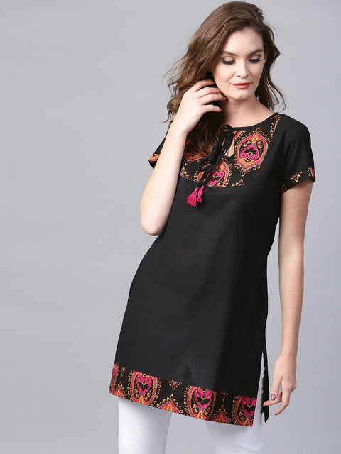 Black yoke printed half sleeve cotton tunic