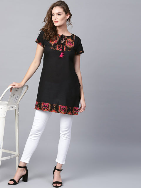 Black yoke printed half sleeve cotton tunic