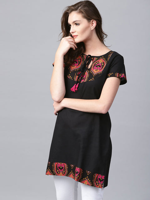 Black yoke printed half sleeve cotton tunic