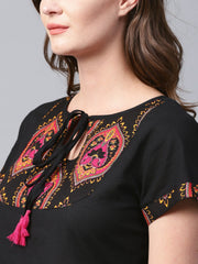 Black yoke printed half sleeve cotton tunic
