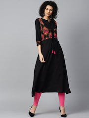 Black 3/4th sleeve cotton anarkali kurta with printed jacket at yoke