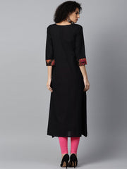 Black 3/4th sleeve cotton anarkali kurta with printed jacket at yoke